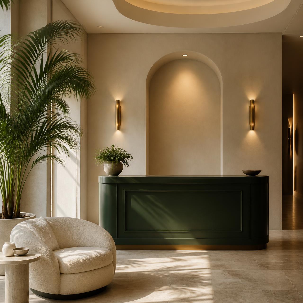 Reception lounge at Meridian Wellness & Med-Spa with deep green desk, brass sconces, and boucle seating