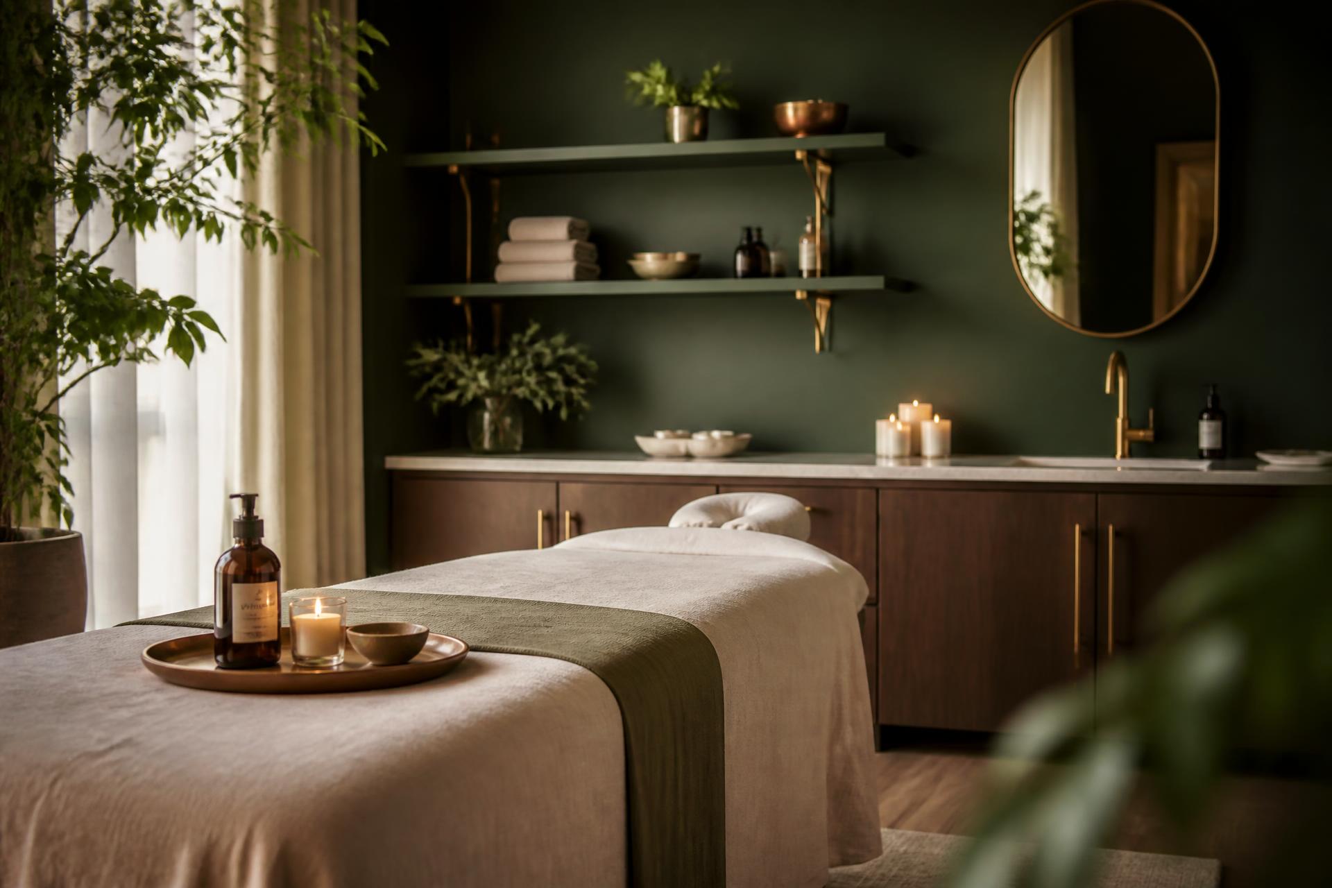 Treatment room at Meridian Wellness & Med-Spa with linen-draped massage table, candlelight, and brass fixtures