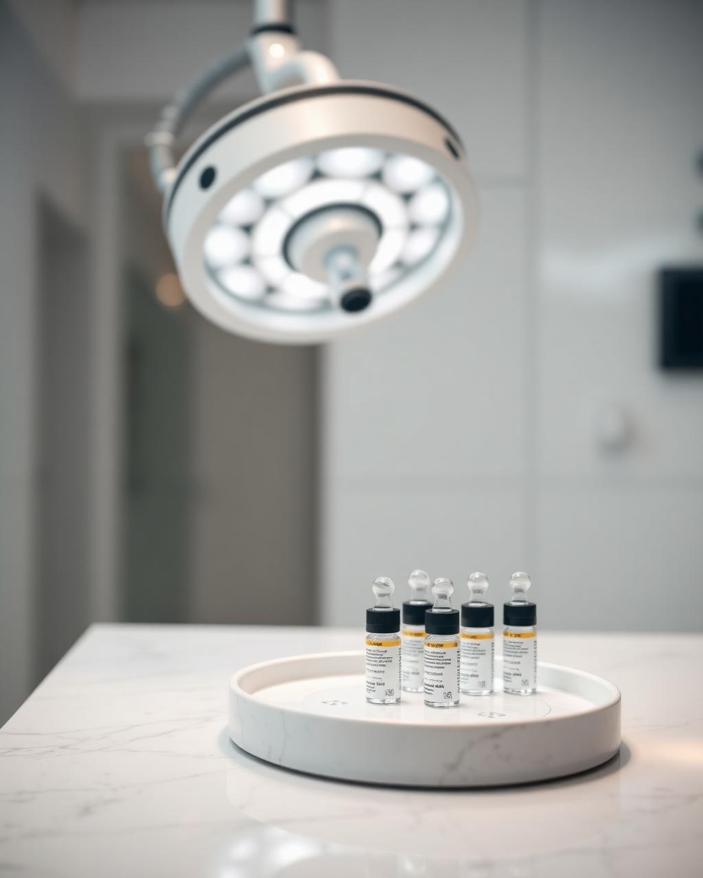Medical aesthetics treatment room with procedure light and a tray of serum vials on marble