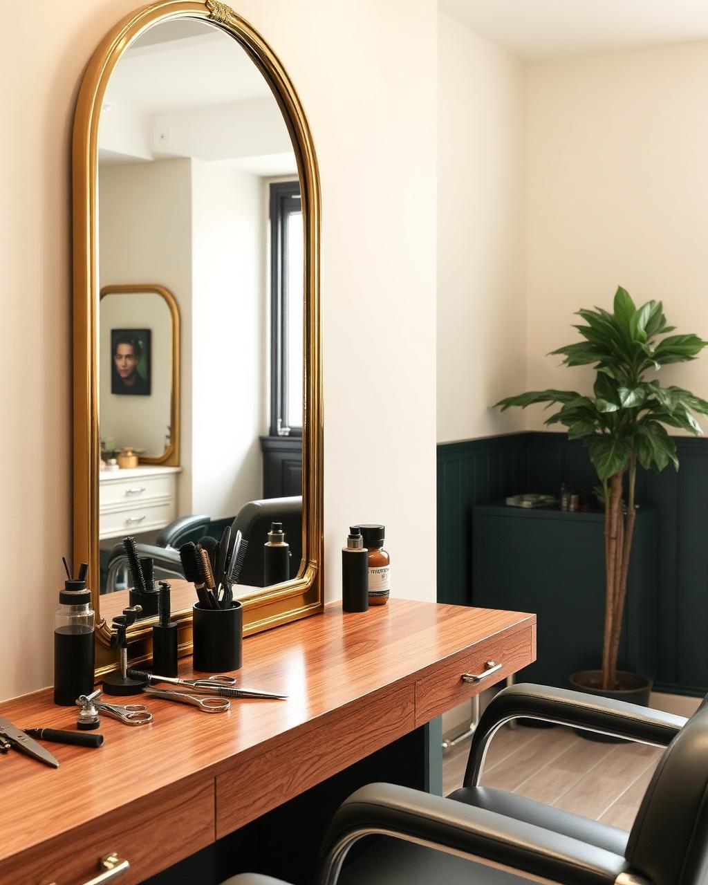 Salon styling station with brass mirror, shears, and brushes on a wood counter