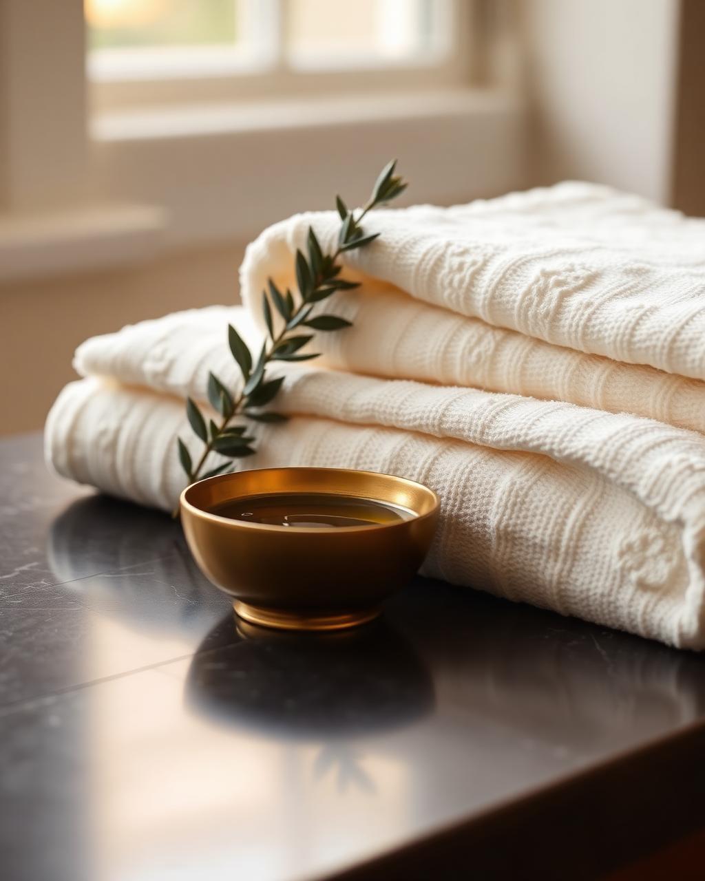 Folded ivory spa towels beside a brass bowl of massage oil in warm window light